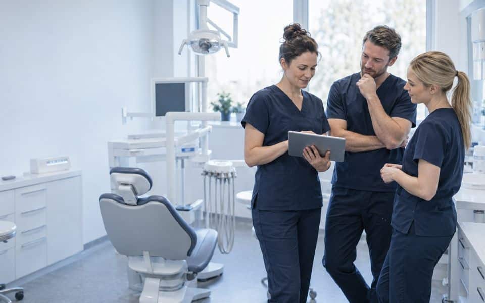 Dental team discussing a case on a tablet